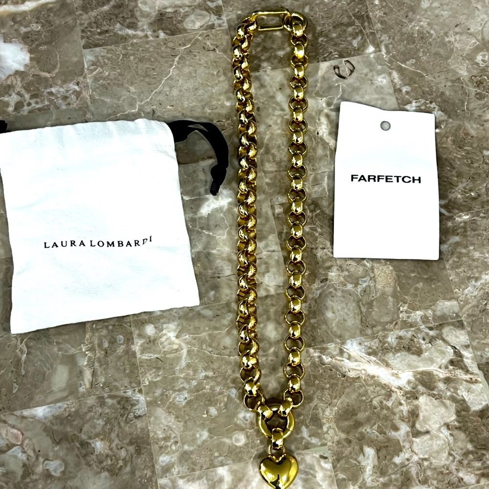 Brand New Laura Lombardi AMORINA Heart 18 inch gold tone necklace.